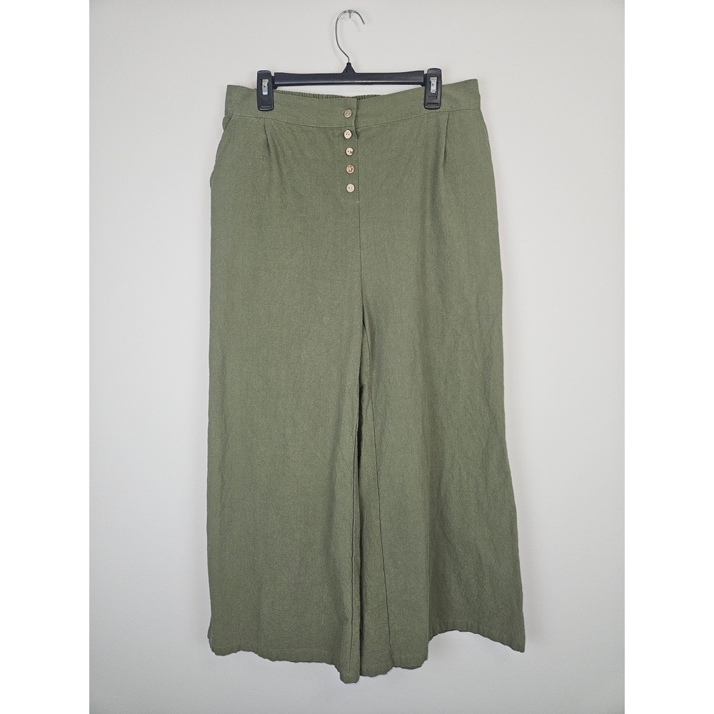 Les Umes Olive Green Wide Leg Cotton Pants Womens XL High Waist Button Front